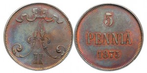 5 пенни 1875 года - Медь