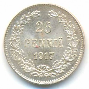 25 пенни 1917 года - Гербовый орел с тремя Императорскими коронами. Серебро