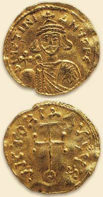 Фоллис императора Юстина II (565-578), 10-го правления, чеканенный в г. Кизике (KYZ)